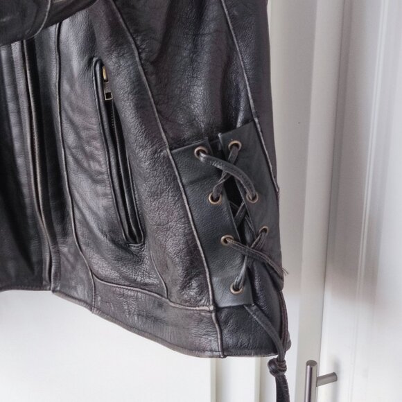 Motorcycle rider leather jacket men's size L / XL black skull pattern on back - Picture 8 of 12